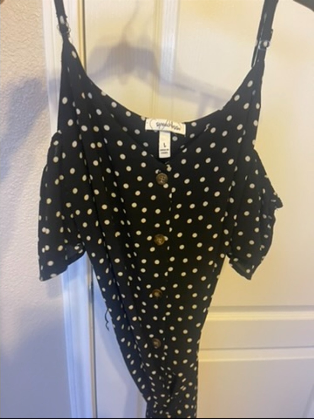 Speechless Black White Polka Dot Cold-Shoulder Button Front dress